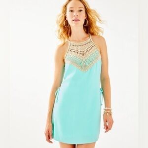 Lilly Pulitzer Pearl Gold Lace Romper Shift Dress size 00 in Bali Blue